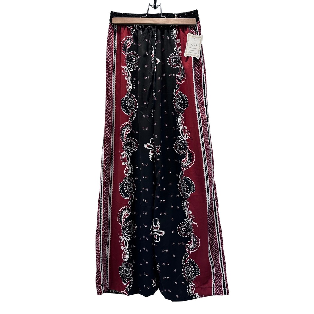 Japna Lounge Wide Leg Pants Black Red Paisley‎ Print Drawstring Size S